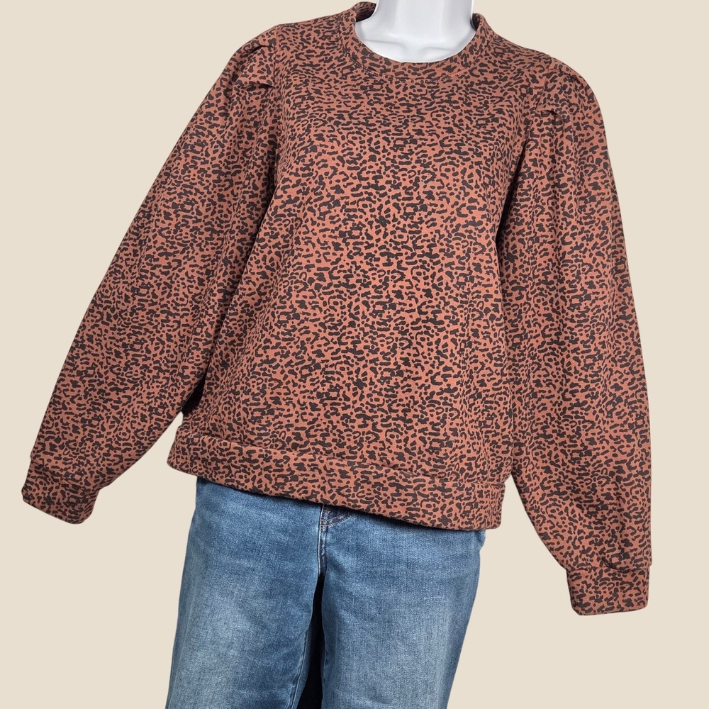 Marine Layer Women Medium Enya Leopard Puff Sleeve Sweatshirt Brown Long Sleeve